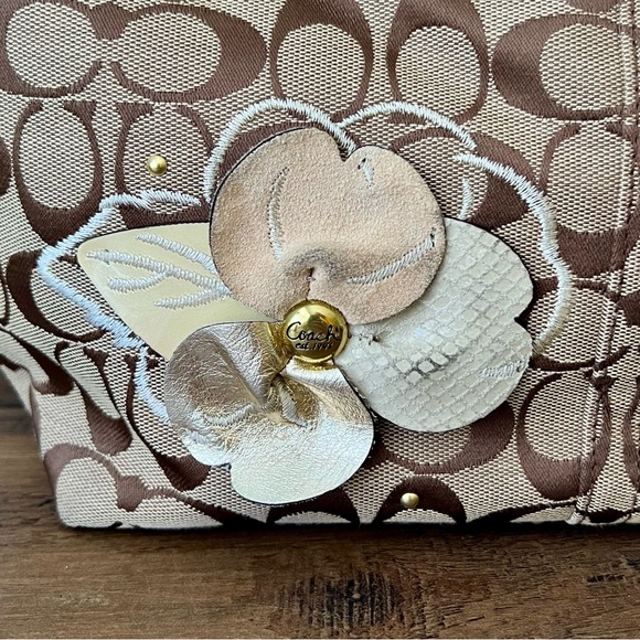 Coach Gold and Brown women signature Tote Bag with leather flower accents - Picture 6 of 15